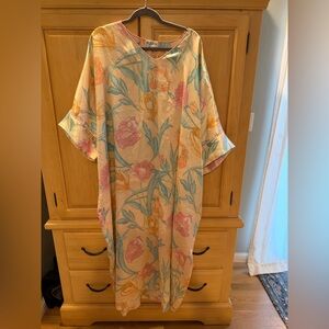 Mary McFadden Pastel Floral Long Sleeve Kaftan Dress Vintage 1980s